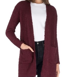 Bobeau Women's Long Sleeve Two Pocket Boucle Cardigan Burgundy Medium Sweater
